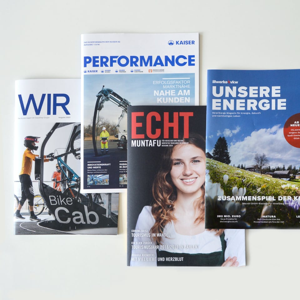 4 Beispiele für erfolgreiche Kundenmagazine aus der Agentur Konzett Brenndörfer.